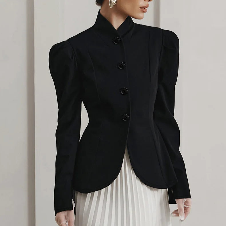 Women's Retro Elegant Black Blazer, Gorgeous Structured Tailoring with Mandarin Collar