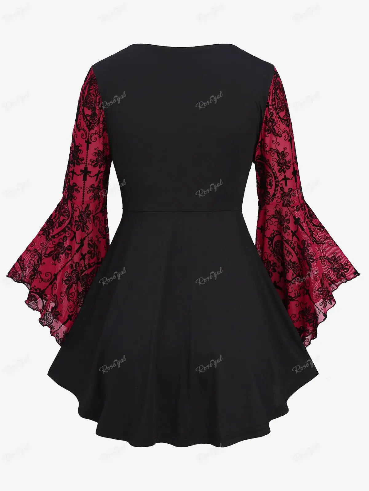 Gothic Bell Sleeves Organza Mesh Lace-Up Blouse, Plus Sizes