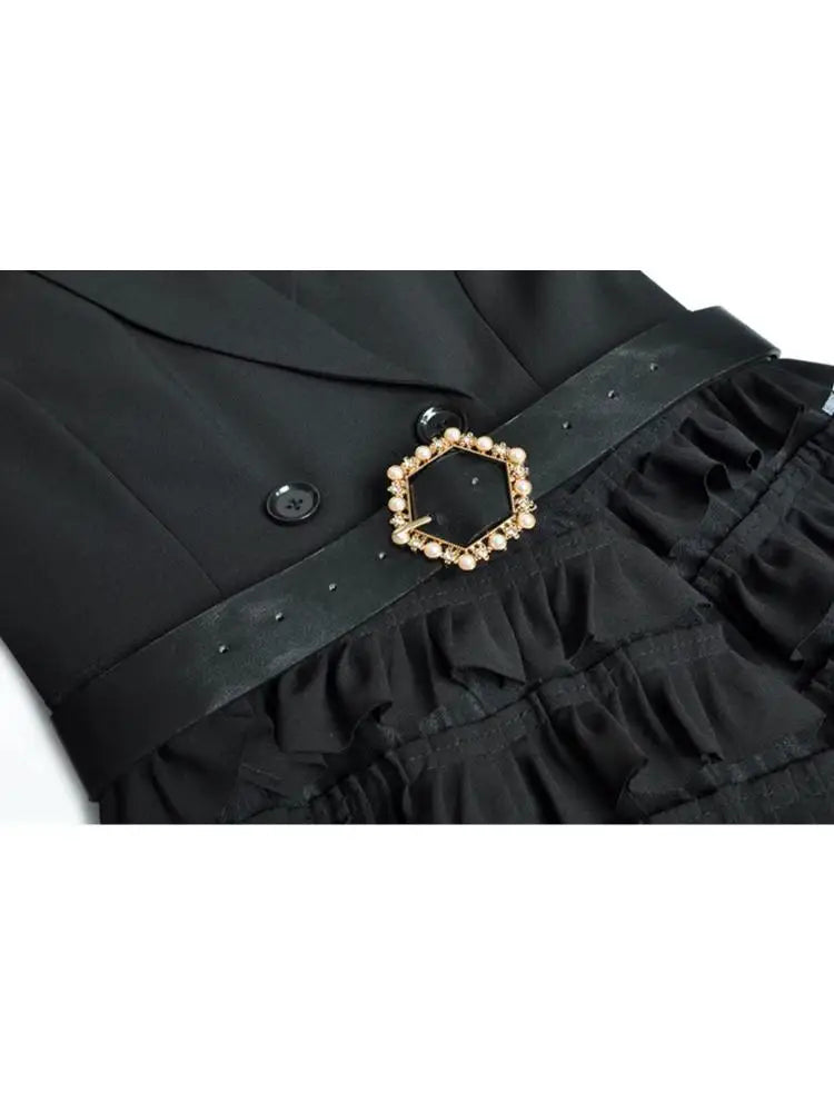 Vireous Black Suit-Collar Tiered Maxi Dress, Winter Catwalk Collection