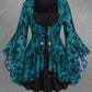 Gothic Bell Sleeves Organza Mesh Lace-Up Blouse, Plus Sizes
