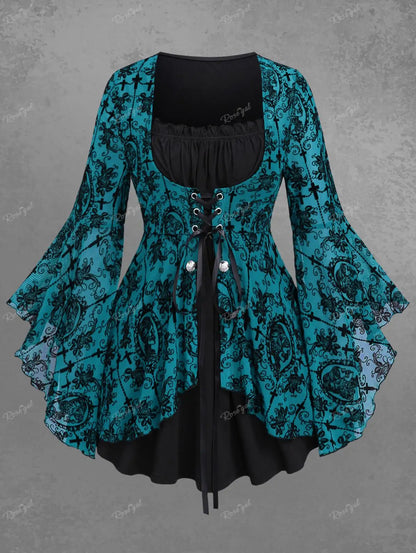 Gothic Bell Sleeves Organza Mesh Lace-Up Blouse, Plus Sizes