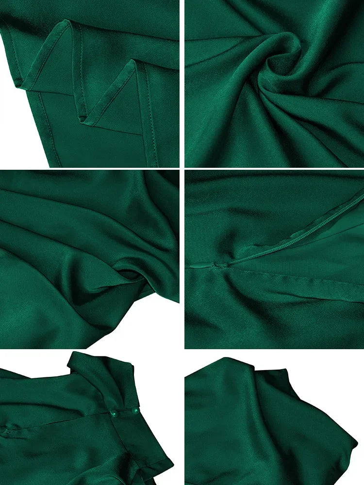 Vireous Summer Silk Satin Sleeveless Long Dress, Draped Bodice