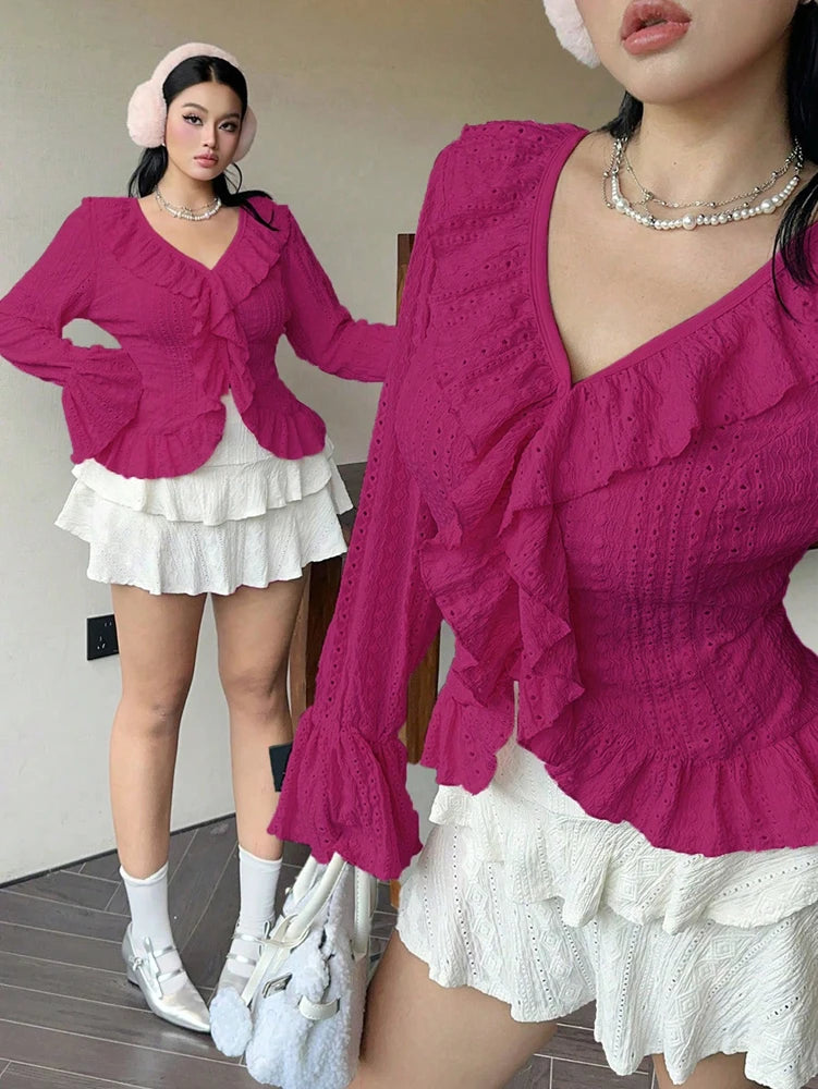 Vireous Elegant French Ruffle Flared-Sleeve Blouse, Plus Sizes