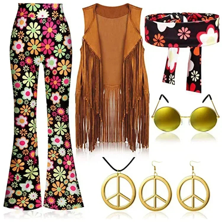 Complete Outfit, Hippie Disco 60s 70s Cosplay Costume in Floral Pink or Brown