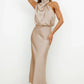 Vireous Summer Silk Satin Sleeveless Long Dress, Draped Bodice