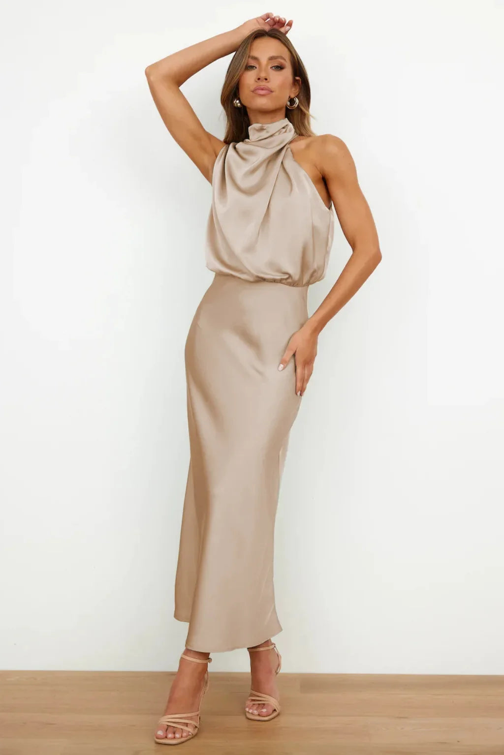 Vireous Summer Silk Satin Sleeveless Long Dress, Draped Bodice