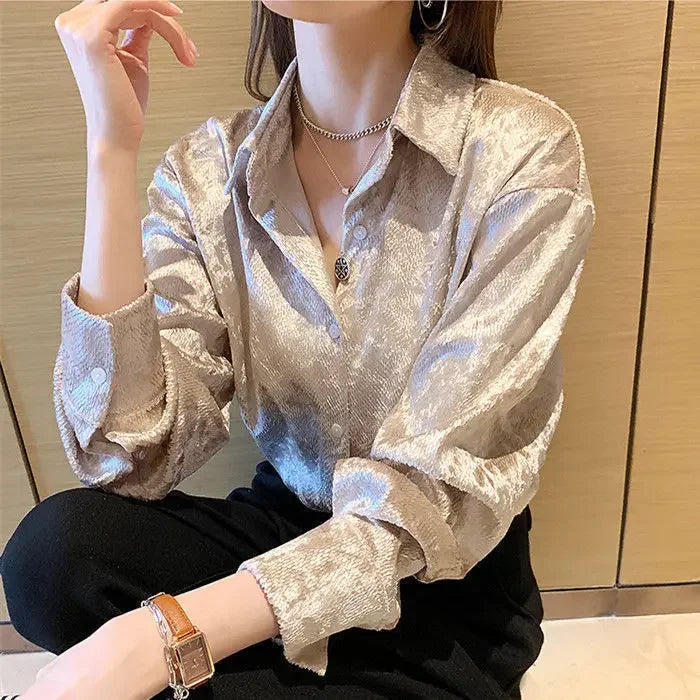 Vireous Women's Shiny Stretch Shirt, Spring and Autumn Collection