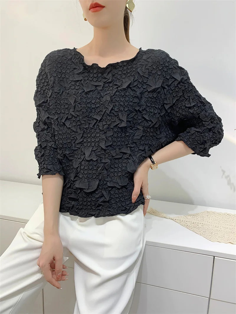 Miyake Embroidered Hand-Pleated Women's Round-Neck Top