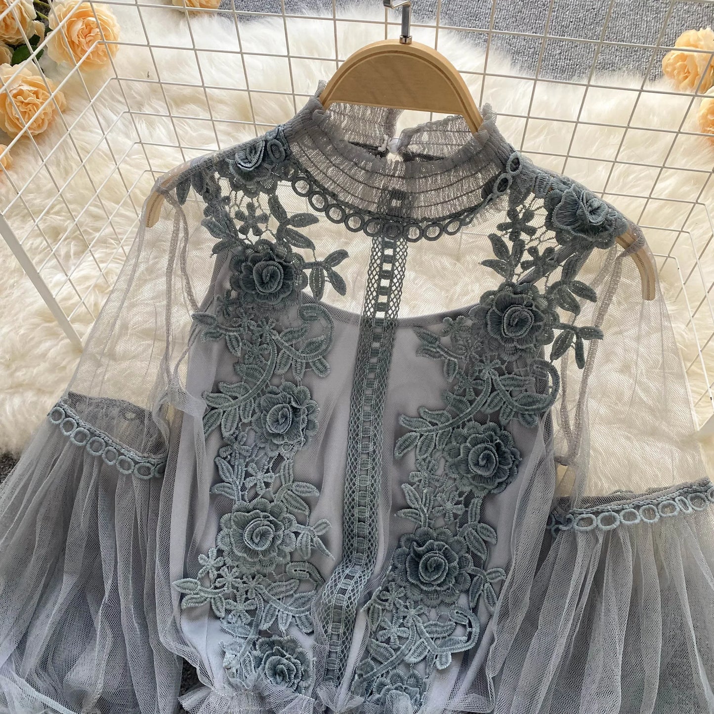 Lace See-Through Puff-Sleeve Vintage Fashion Blouse