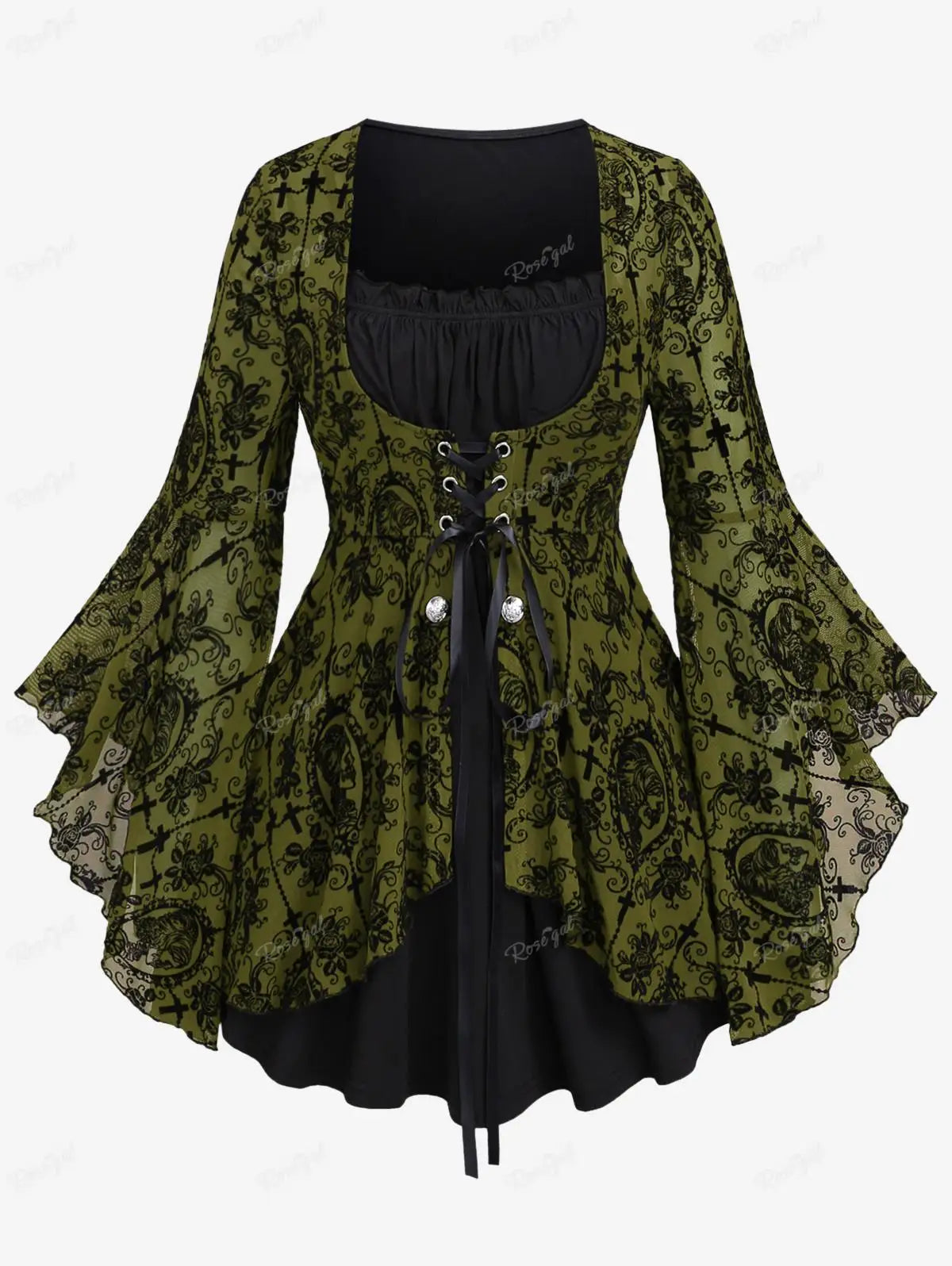 Gothic Bell Sleeves Organza Mesh Lace-Up Blouse, Plus Sizes