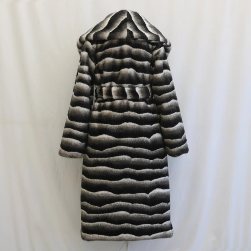 Vireous Women's Faux Fur Coat, Large Lapel Zebra-Print Mink Long Coat