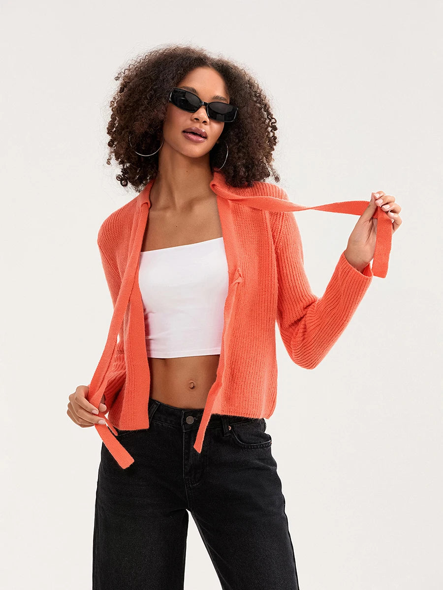 Bow Tied Front Knitted Women's Cardigan, Multi Colours