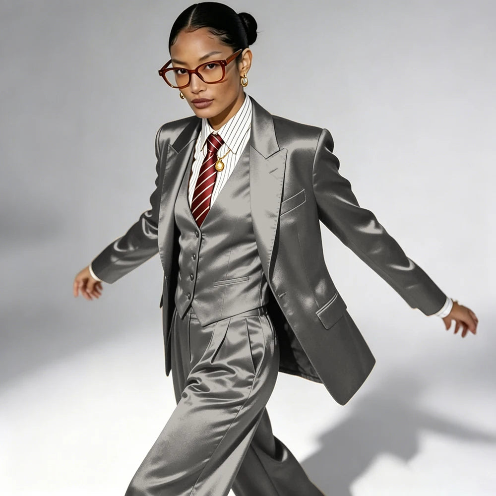 Professional Performance Wear Women's Tuxedo, Gold Satin Three-Piece Suit, Night Wear