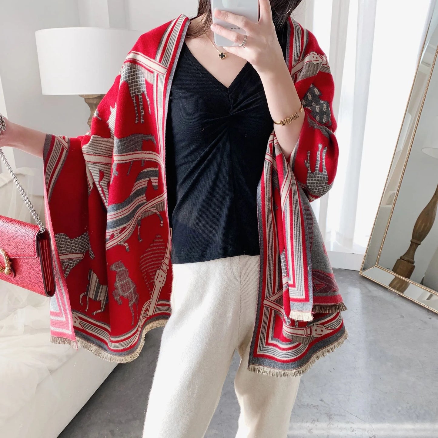 Extra-Large Cashmere Scarf, Equestrian-Print Blanket Wrap, Pashmina