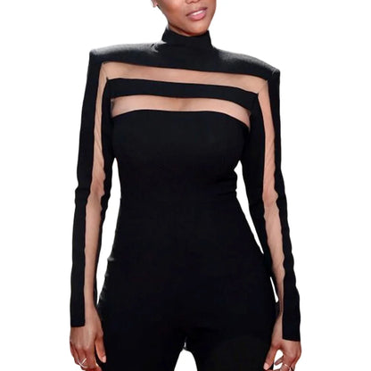 Sexy and Club, Mesh Cut-Out High-Neck Black Women's Top