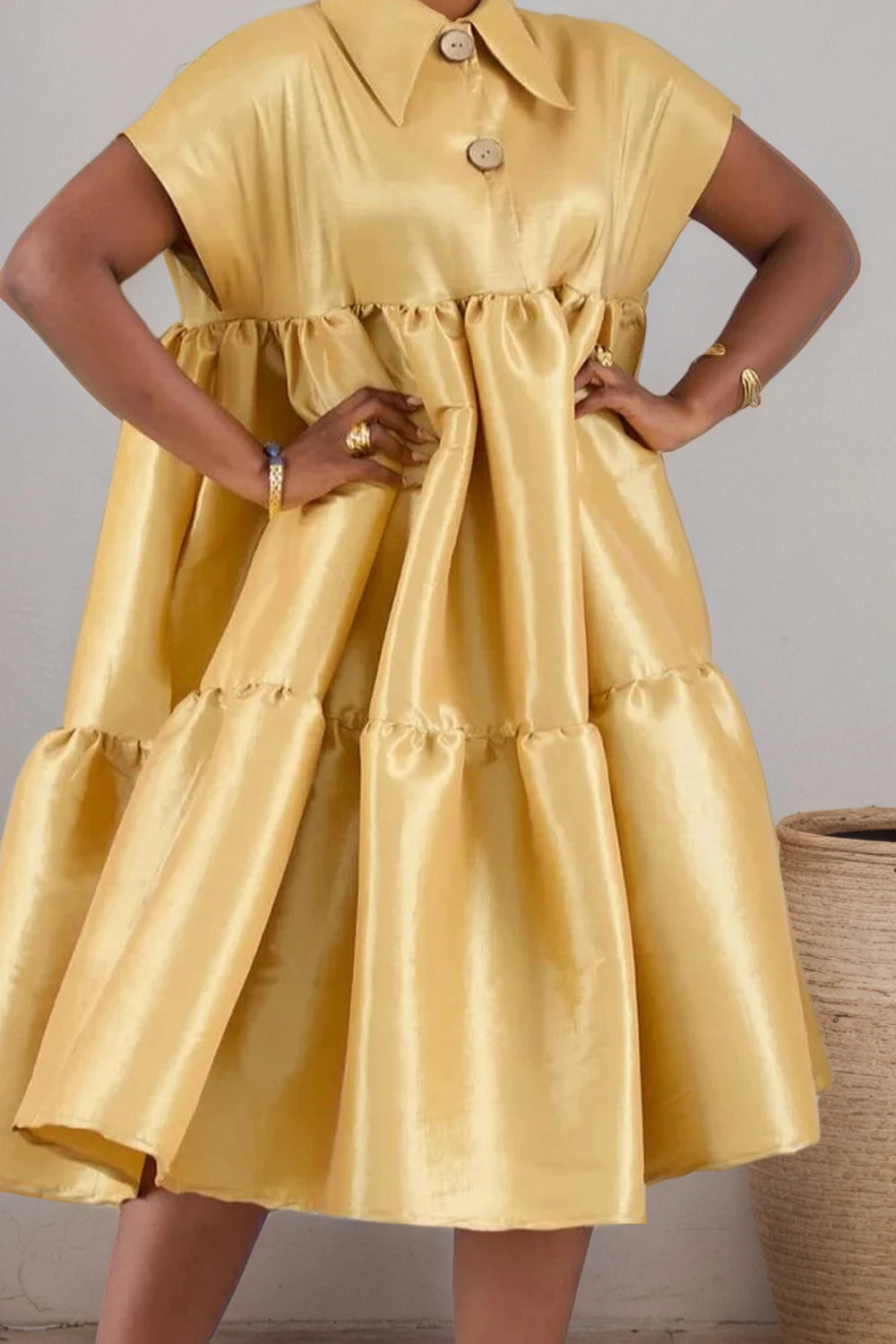 Plus-Size Women's Gold Satin Turn-Down Collar Casual Elegant Dress