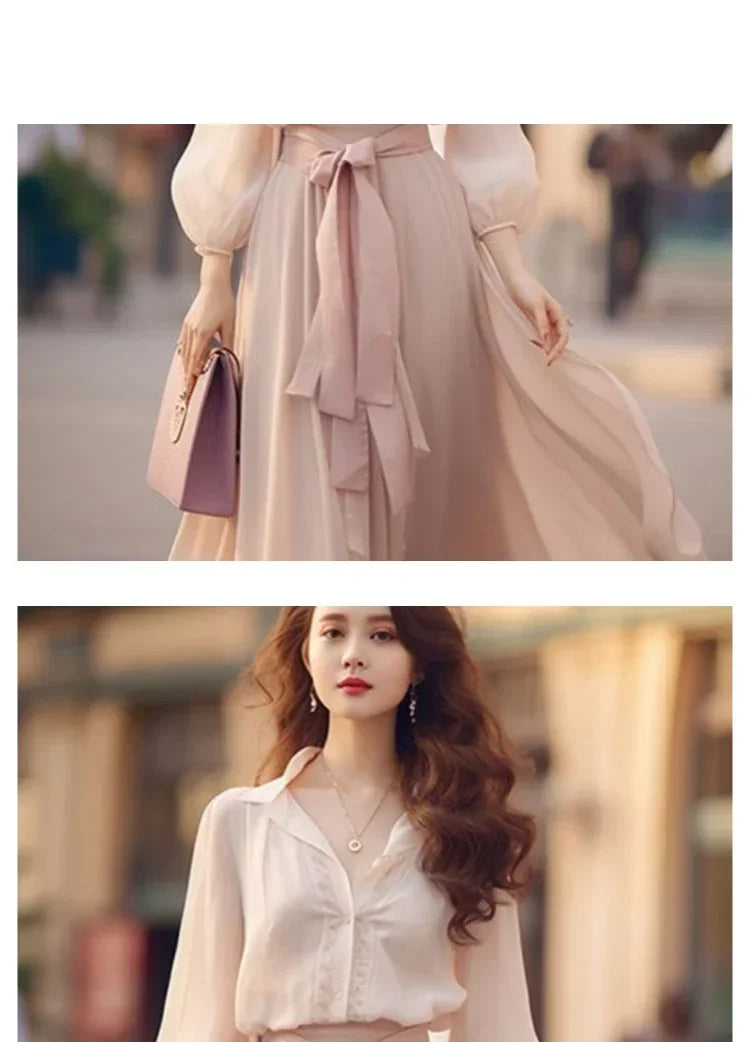 Elegant Retro French Women's Lace-Up Chiffon Two-Piece Outfit