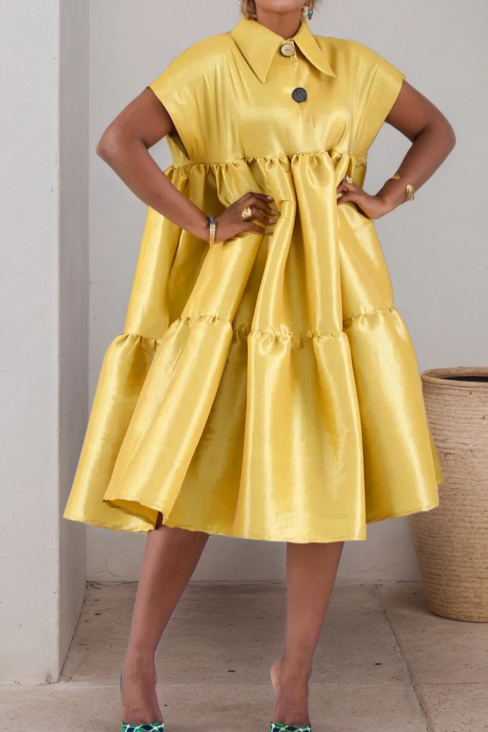 Plus-Size Women's Gold Satin Turn-Down Collar Casual Elegant Dress
