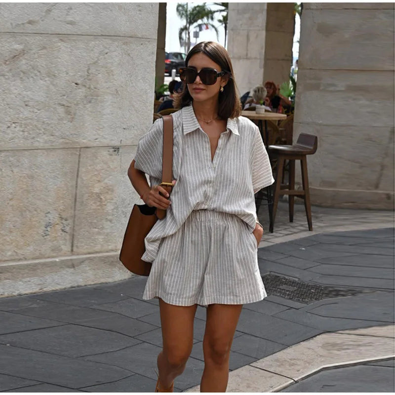 Cotton Linen Women's Two-Piece Summer Shorts Set, Plus Sizes