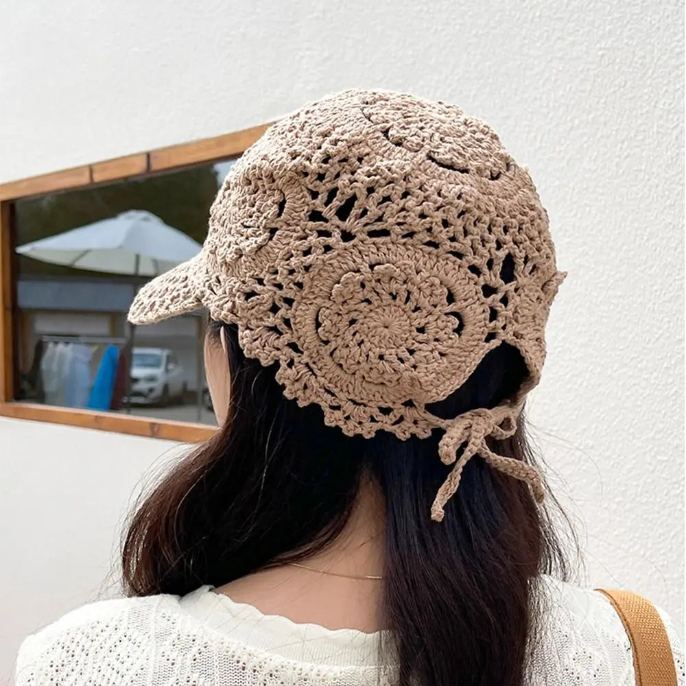 Women's Crochet Summer Peaked Cap, Floral Pattern, Casual Wear