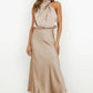 Vireous Summer Silk Satin Sleeveless Long Dress, Draped Bodice