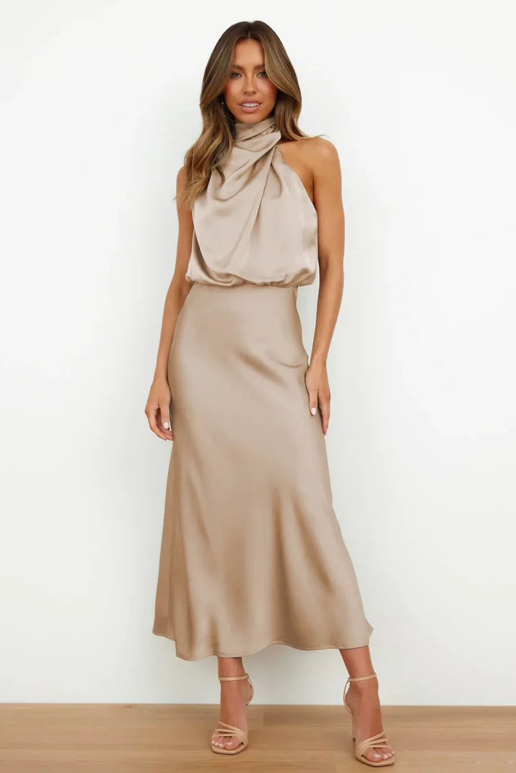 Vireous Summer Silk Satin Sleeveless Long Dress, Draped Bodice