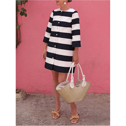 Vireous Black and White Three-Quarter Sleeves Classic-Cut Women's Pea Coat