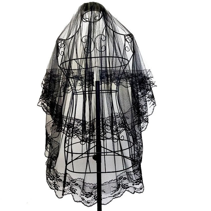 Women's Two-Tier Bridal Wedding Veil with Gothic Edge and Embroidery
