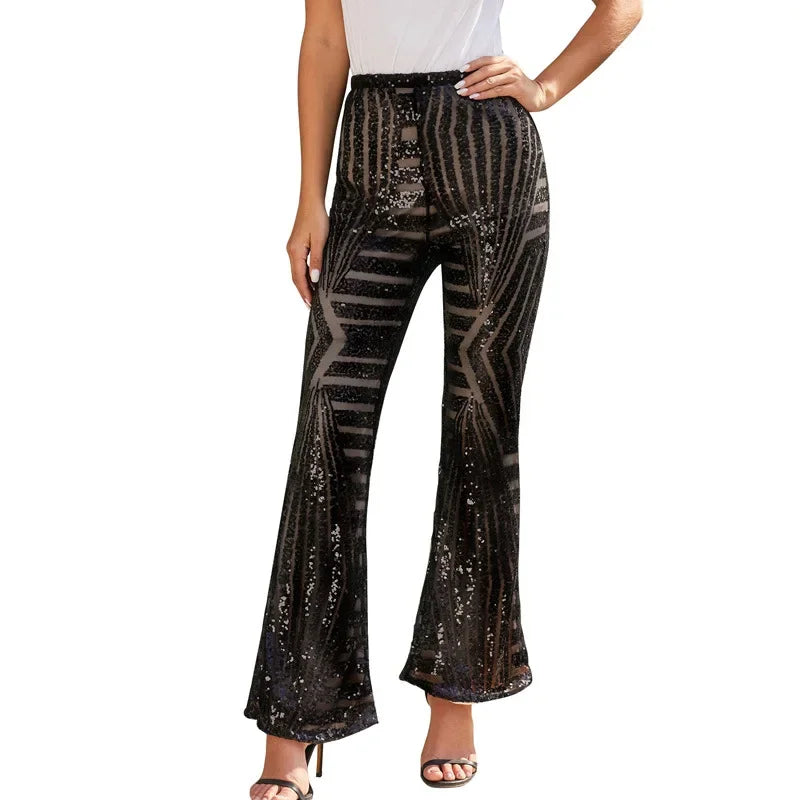 Vireous Women's Sparkling Sequin Slacks, Loose Mid-Waist Trousers