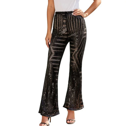 Vireous Women's Sparkling Sequin Slacks, Loose Mid-Waist Trousers
