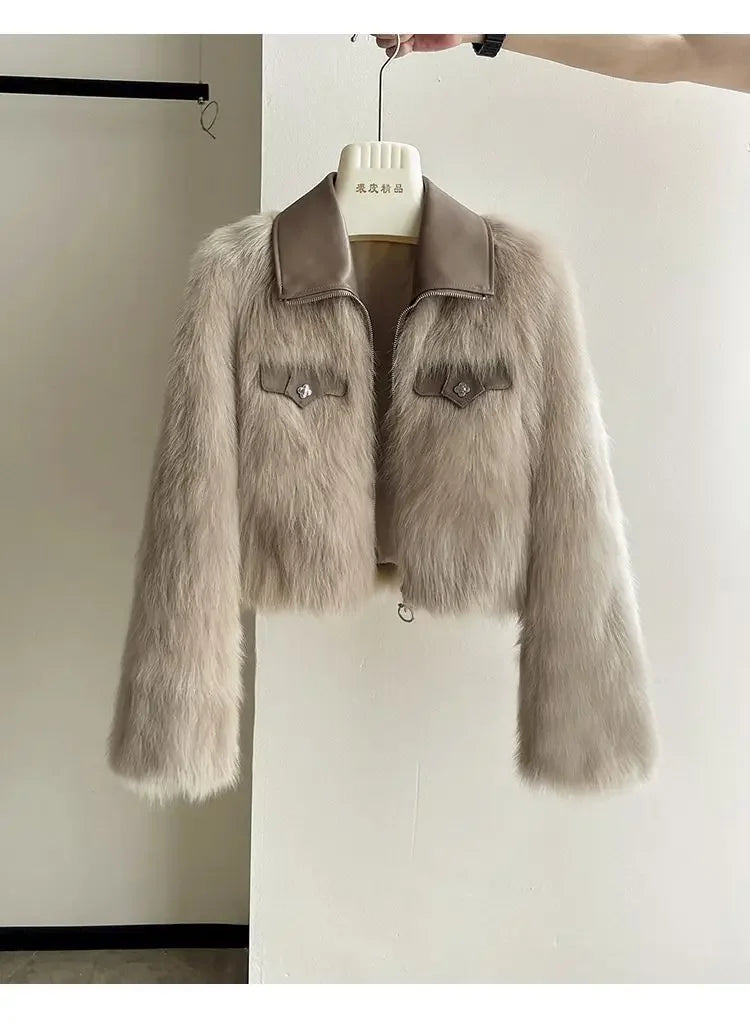 Vireous Polo Collar Women's Faux Fur Bomber Jacket, Spring and Autumn Collection