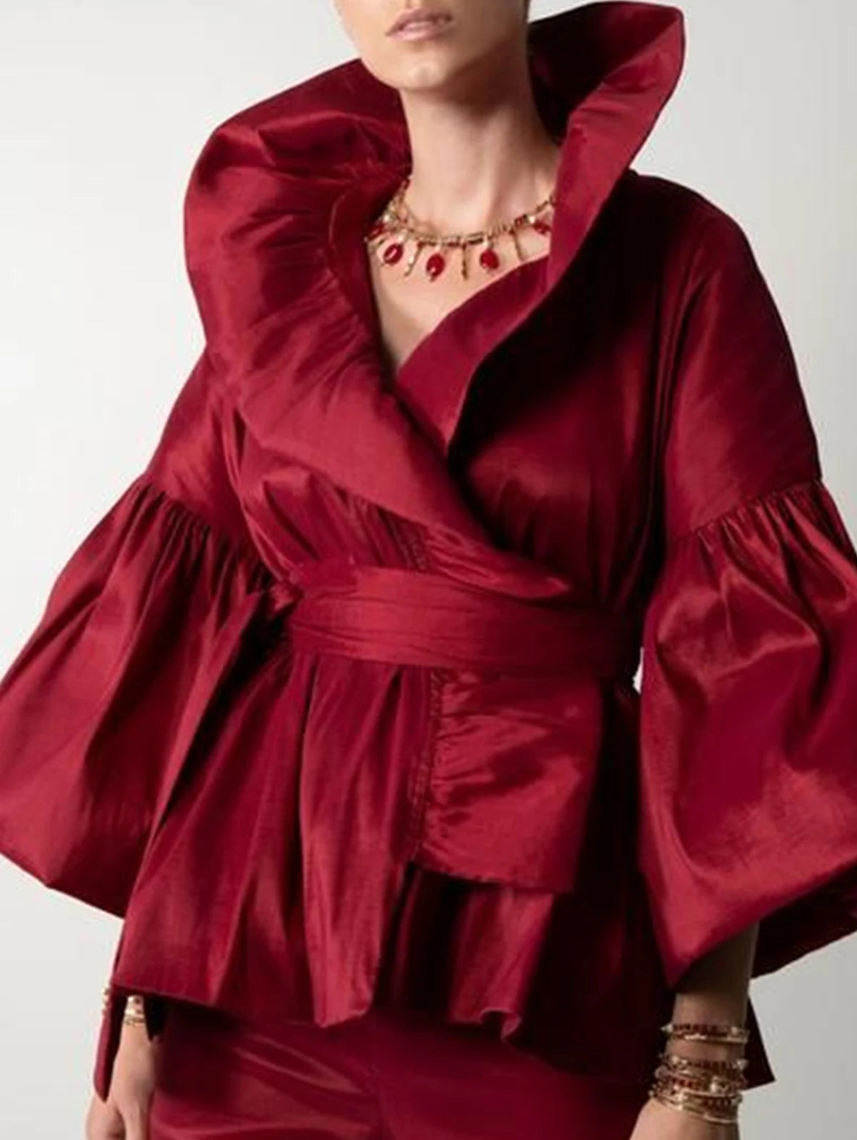 Vireous Formal Puff-Sleeve Ruffles Women's Tuxedo Blouse