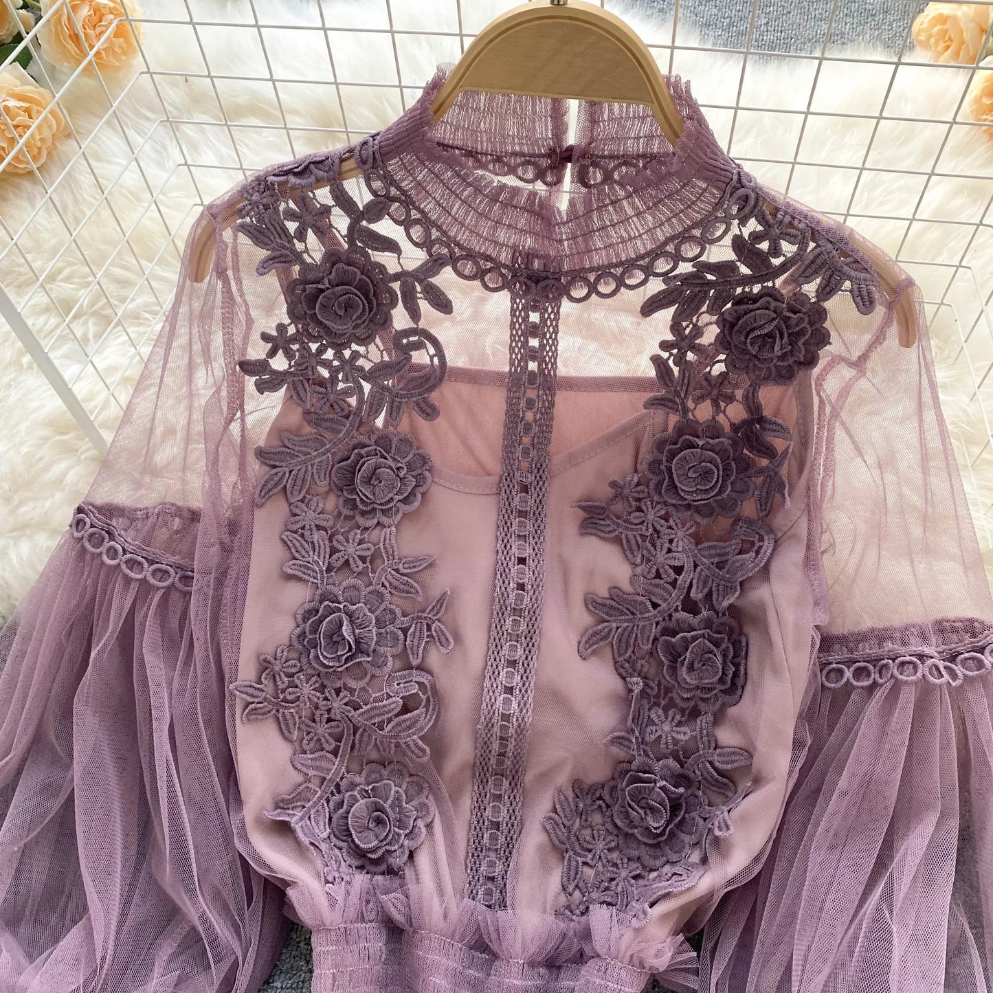 Lace See-Through Puff-Sleeve Vintage Fashion Blouse