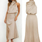 Vireous Summer Silk Satin Sleeveless Long Dress, Draped Bodice