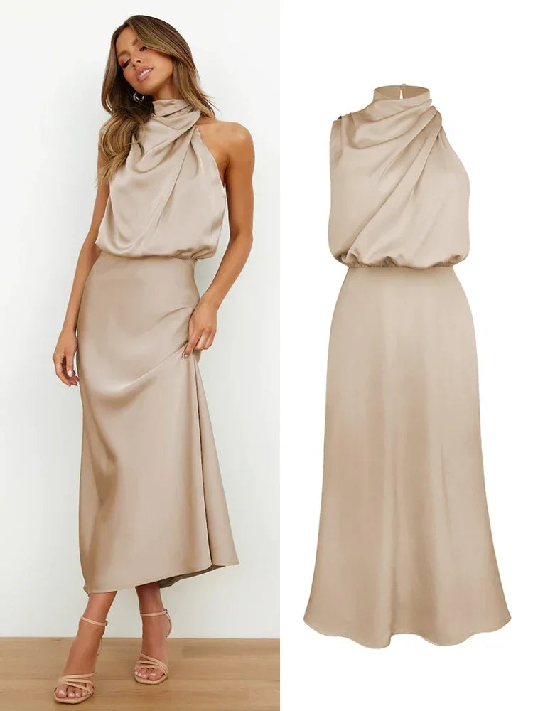 Vireous Summer Silk Satin Sleeveless Long Dress, Draped Bodice