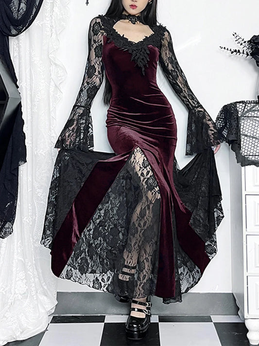 AltGoth Romantic Goth Aesthetic Flare-Sleeve Clubwear Dress