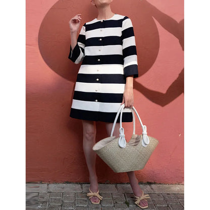 Vireous Black and White Three-Quarter Sleeves Classic-Cut Women's Pea Coat