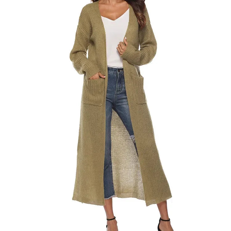 Thickened Long Pure Colour Pocket Irregular-Slit Sweater Coat
