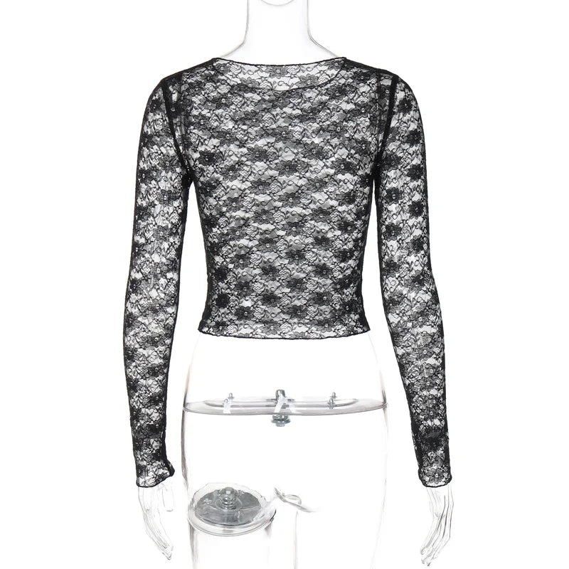 Vireous Long Sleeve See-Through Lace Crop Top