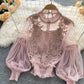 Lace See-Through Puff-Sleeve Vintage Fashion Blouse