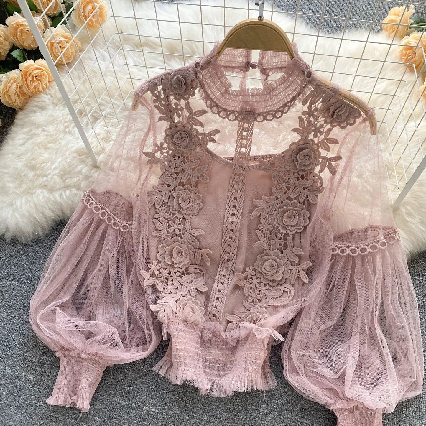 Lace See-Through Puff-Sleeve Vintage Fashion Blouse