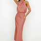 Vireous Summer Silk Satin Sleeveless Long Dress, Draped Bodice