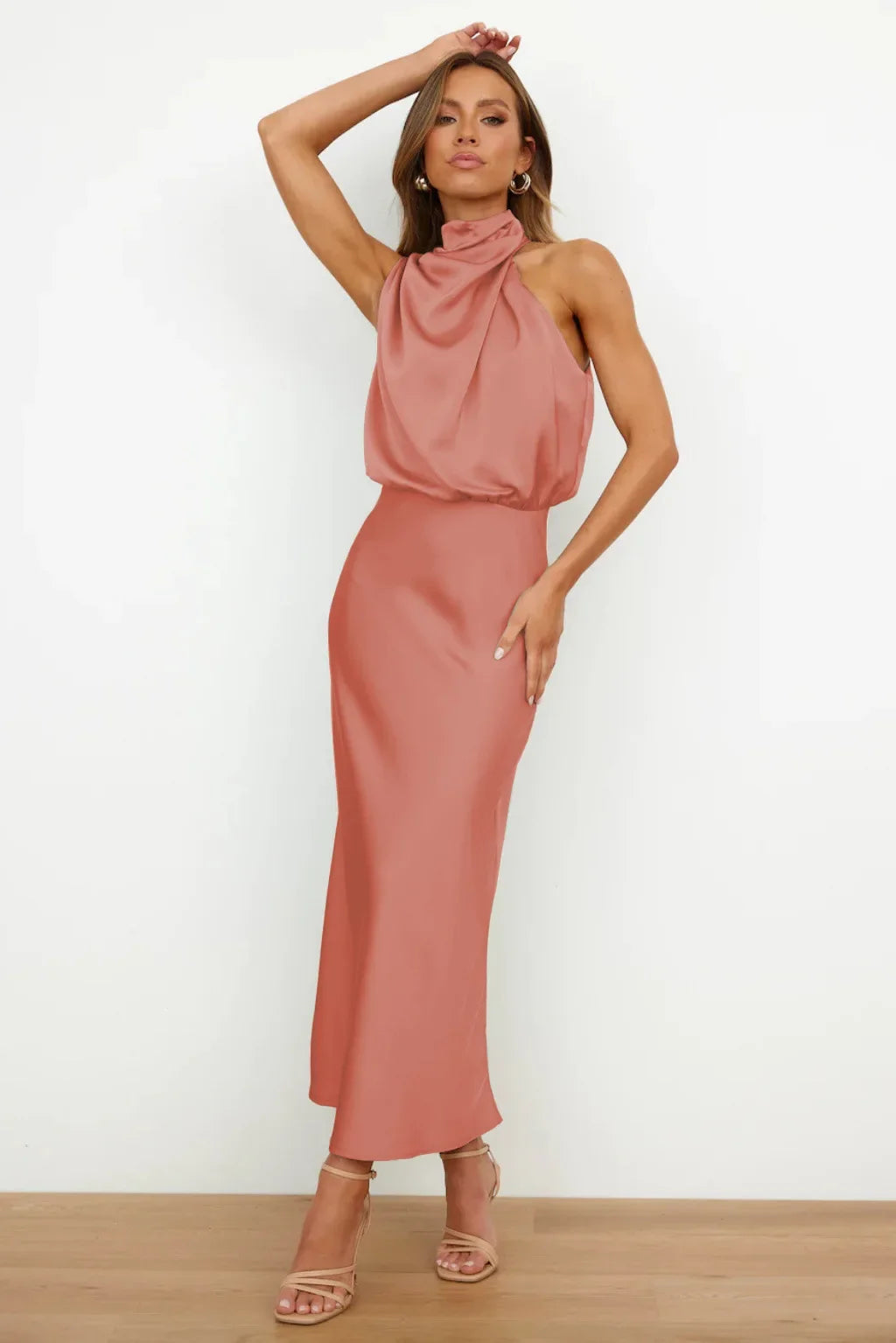 Vireous Summer Silk Satin Sleeveless Long Dress, Draped Bodice