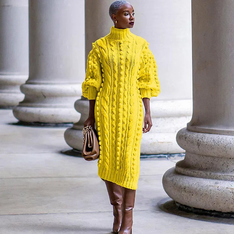 Streetwear Rib Knit Turtleneck Sweater Dress, Autumn and Winter Collection