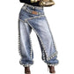 Women's Fashion Hipster Baggy Distressed Jeans with Sparkling Rhinestones