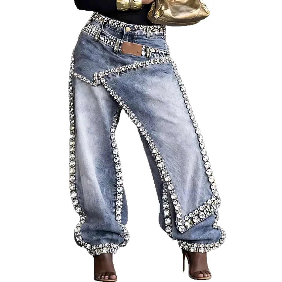 Women's Fashion Hipster Baggy Distressed Jeans with Sparkling Rhinestones