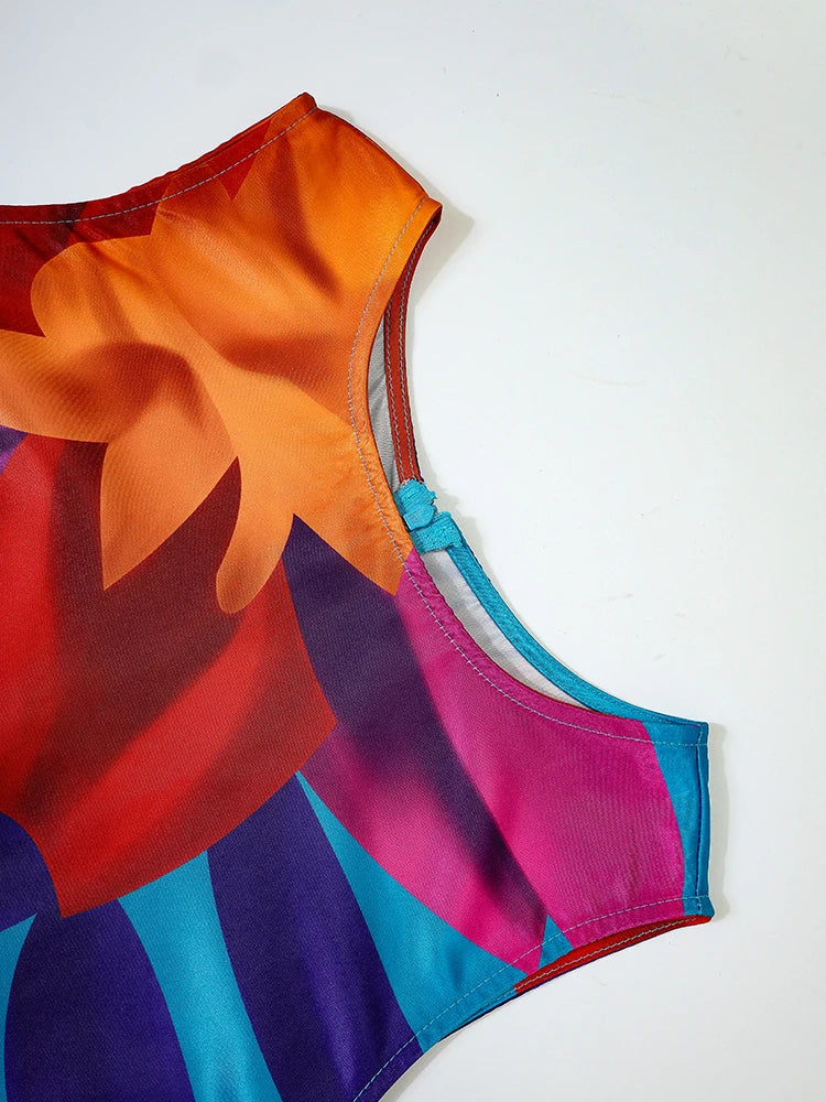 Vireous Floral Abstract Print Tank Dress, Sleeveless Evening Dress, Plus Sizes