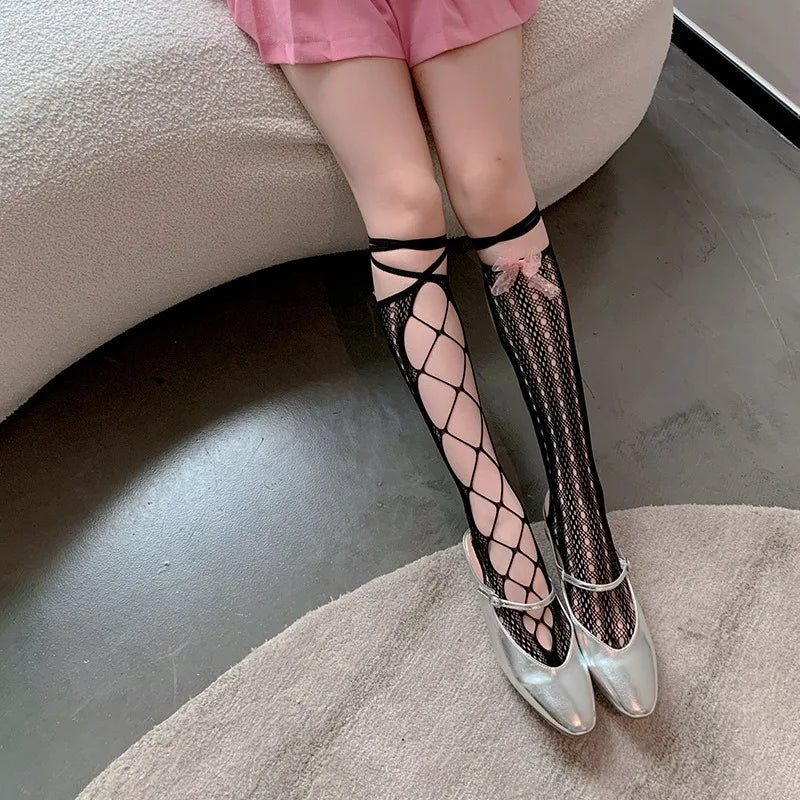 Summer Sexy Long Japanese-Style Socks, Irregular Lace-Tie Fishnet Stockings