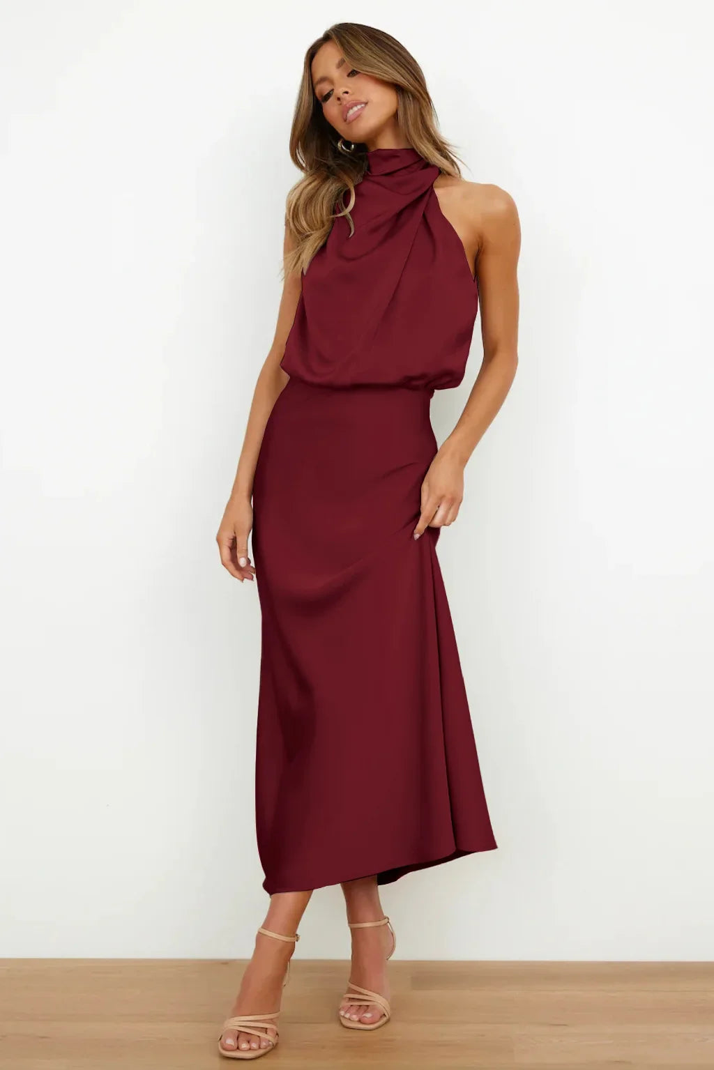 Vireous Summer Silk Satin Sleeveless Long Dress, Draped Bodice