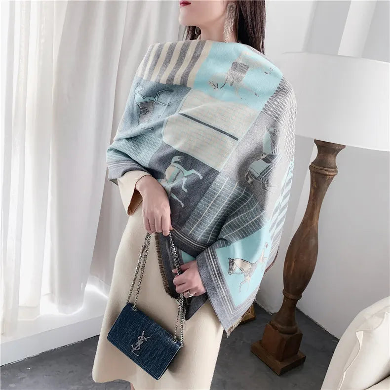 Extra-Large Cashmere Scarf, Equestrian-Print Blanket Wrap, Pashmina